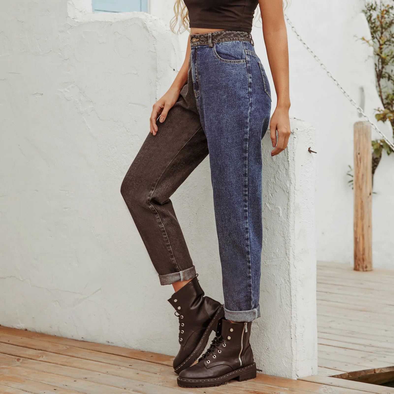 Ladies Sexy High-Waist Two-Tone Straight Jeans